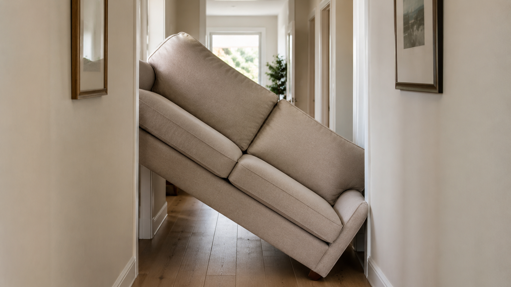 A sofa struggling to fit through a narrow space